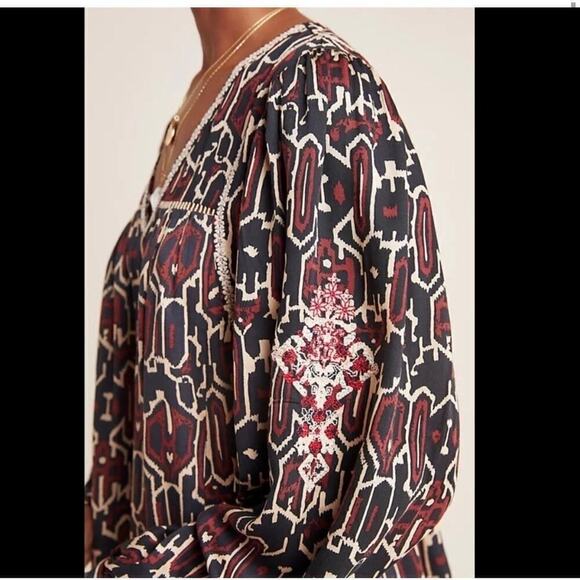Anthropologie Maeve Veda Embroidered Blouse Size XSP  Brown Motif - Picture 3 of 10